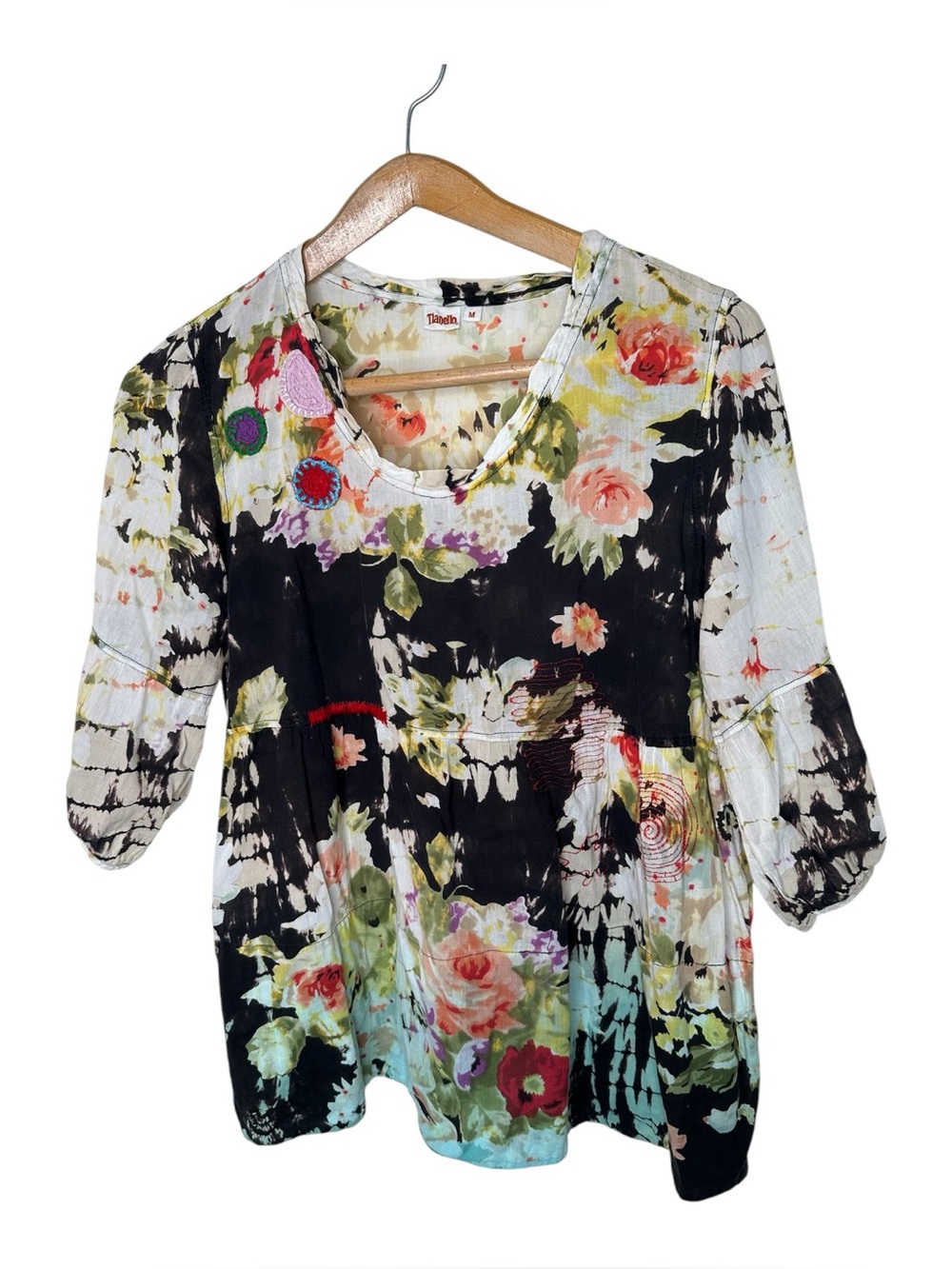 Tianello Cotton Top Painterly Floral Embroidered Artsy Whimsical Boho Size Med